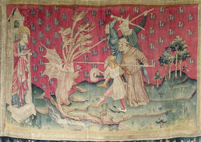 Lohikäärme taistelee Jumalan palvelijoiden kanssa, nro. 39 "Vihkojen apokalypsista", 1373-87 (kuvakudos) tekijältä Nicolas Bataille