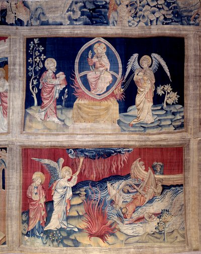 Ilmestyskirjan esirippu (1373 -1383), nro. 15 ja 18: Jumala ja Pyhä Johannes itkevät nähdessään katastrofin. Nicolas Bataillen kuvakudos (1330-1405) tekijältä Nicolas Bataille
