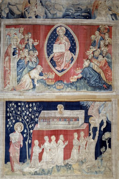 Ilmestyskirjan esirippu (1373-1383), n. 5: vanhukset kumartuvat Kristuksen edessä majesteettisuudessa (Jeesus Kristus kirkkaudessa on esitetty mandorlan sisällä). N. 11: marttyyrien sielut. Nicolas Bataillen kuvakudos (1330-1405) tekijältä Nicolas Bataille