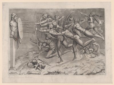 Alastomia jousiampujia ampumassa hermaan kiinnitettyyn maaliin, Amor nukkumassa alla, mahdollisesti..., n. 1540-60. tekijältä Nicolas Beatrizet