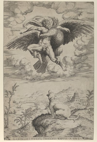 Jupiterin Ganymeden raiskaus kotkan varjossa, joka kantoi hänet taivaaseen, hei..., 1542. tekijältä Nicolas Beatrizet