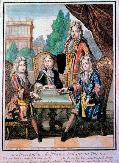 Ludvig XIV:n (1638-1715), Ludvig Burgundin herttuan (k. 1712), Anjoun herttuan Philippen (1683-1746) ja Berryn herttuan Charlesin lapsenlapset isänsä Louis (k. 1711), delfiini kanssa Ranskalainen soittamassa tric tracia (Trictrac tai Trictrac: backgan esi- tekijältä Nicolas Bonnart