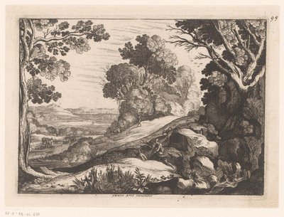 Mäkistä maisemaa kahdella vuohipaimenella Idealisoidut maisemat (sarjan nimi) tekijältä Nicolas Cochin (attributed to)