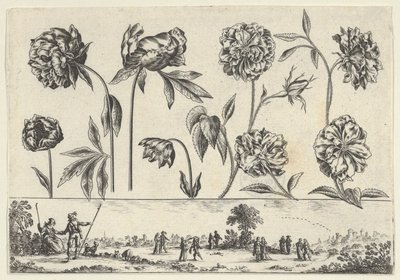 Vaakasuora paneeli, jossa kukkarivi friisin yläpuolella ja hahmoja maisemassa, Li..., 1645. tekijältä Nicolas Cochin