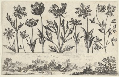 Vaakasuora paneeli, jossa kukkarivi friisin yläpuolella ja hahmoja maisemassa, Li..., 1645. tekijältä Nicolas Cochin