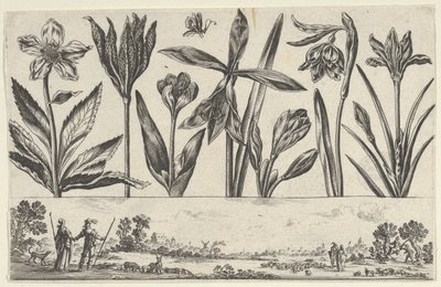 Vaakasuora paneeli, jossa kukkarivi friisin yläpuolella ja hahmoja maisemassa, Li..., 1645. tekijältä Nicolas Cochin