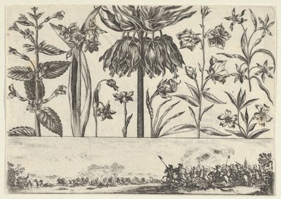 Vaakasuora paneeli, jossa kukkarivi friisin yläpuolella ja taistelukohtaus maisemassa, ..., 1645. tekijältä Nicolas Cochin