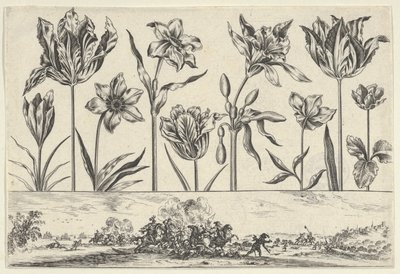 Vaakasuora paneeli, jossa kukkarivi friisin yläpuolella ja taistelukohtaus maisemassa, ..., 1645. tekijältä Nicolas Cochin