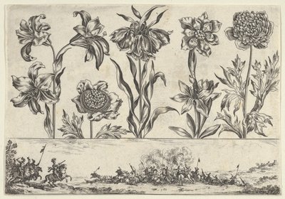 Vaakasuora paneeli, jossa kukkarivi friisin yläpuolella ja taistelukohtaus maisemassa, ..., 1645. tekijältä Nicolas Cochin