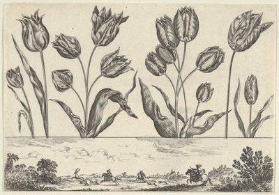 Vaakasuora paneeli, jossa kukkarivi friisin yläpuolella ja metsästyspaikka maisemassa,..., 1645. tekijältä Nicolas Cochin