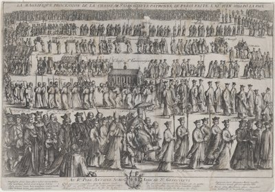 Pyhän Genevieven arkun kulkue, jossa papit ja maallikot marssivat kuudessa rivissä..., 1652. tekijältä Nicolas Cochin