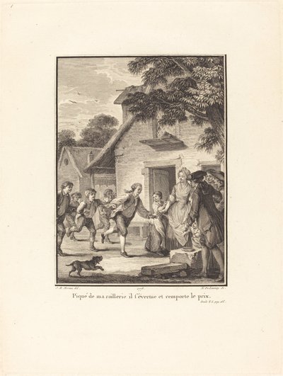 Pilkani piinaamana hän pyrkii ja voittaa palkinnon tekijältä Nicolas Delaunay after Jean Michel Moreau