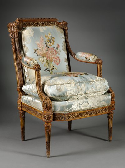 Nojatuoli (Fauteuil), n. 1785 (puksipuu) tekijältä Nicolas Denis Delaisement