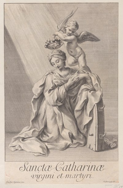 Pyhä Katariina Aleksandrialainen polvistuu kyynärpäänsä piikkipyörän varassa ja..., 1698. tekijältä Nicolas Dorigny