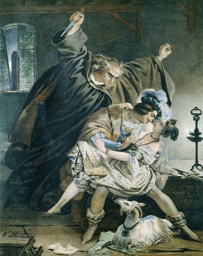 Victor Hugon Esmeralda, Phoebus ja claude Frollo (Notre Dame de Paris). Kuvitus Nicolas Eustache Maurin 1799-1850 Yksityinen kokoelma. tekijältä Nicolas Eustache Maurin
