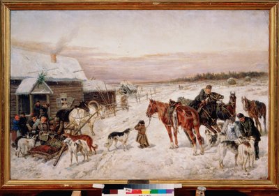 Ennen pubia talvella - Nikolai Jegorovich Sverchkov (Nicolas Swertschkoff) maalaus (1817-1898), öljy kankaalle tekijältä Nicolas Gregorovitch Svertschkoff
