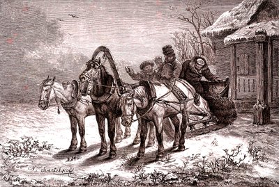 Venäjä. Välitysasema vuonna 1865. Postitalo.1865 (kaiverrus) tekijältä Nicolas Gregorovitch Svertschkoff