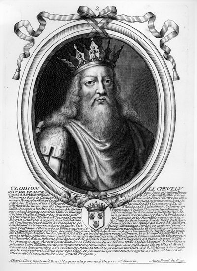 Clodion The Hairy (n. 428-47) teoksesta "Les Augustes Representations de tous les Rois de France from Pharamond to Louis XIV", Pariisi, 1679 tekijältä Nicolas II de Larmessin