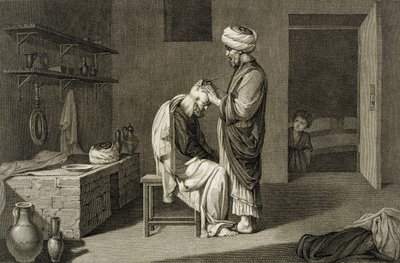 The Barber, osasta II Arts and Trades of "Description of Egypt", kaiverrettu Etienne Frederic Lignon (1779-1833) pub. Napoleonin käskystä tekijältä Nicolas Jacques (after) Conte