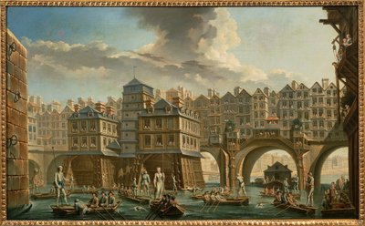 Pariisi, veneilijöiden turnaus Pont Notre-Damen ja Pont au Changen välillä tekijältä Nicolas and Jean Baptiste Raguenet