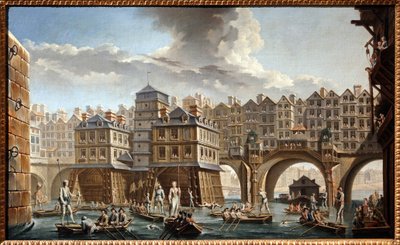 Proomujen turnaus Notre Damen sillan ja Pont au Changen välillä tekijältä Nicolas and Jean Baptiste Raguenet