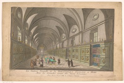 Galleria Vatikaanin kirjastossa Vatikaanin kirjaston uusi galleria Roomassa etrusialaisilla maljakoilla koristeltujen reunusten kanssa (otsikko esineessä) tekijältä Nicolas Jean Baptiste Poilly