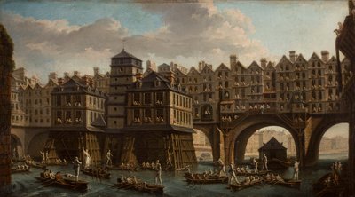 Merimiehet Turnajaiset, Pont Notre Damen ja Pont-Au-Changen välissä, Pariisi, 1756. tekijältä Nicolas Jean Baptiste Raguenet