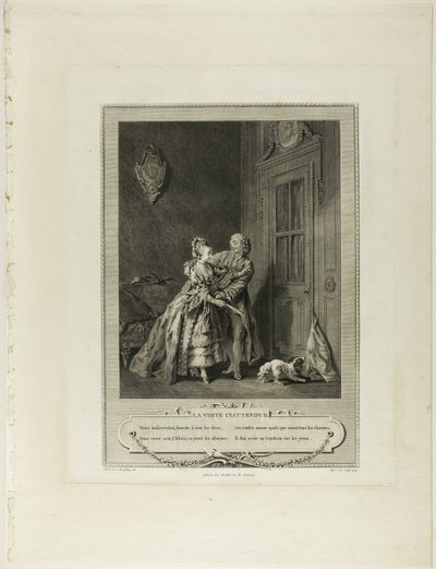 Odottamaton kutsu, teoksesta Monument du Costume Physique et Moral de la fin du Dix-huitième siècle (Monument du Costume Physique et Moral de la fin du Dix-huitième siècle) tekijältä Nicolas Joseph Voyez