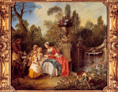 Nainen puutarhassa kahvilla lasten kanssa tai kupin suklaata Nicolas Lancretin (1690-1743) maalaus tekijältä Nicolas Lancret