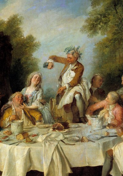 Kinkkuaamiainen. Kohtaus maalaisjuhlasta kinkun ympärillä aatelistossa. Yksityiskohta. Nicolas Lancretin (1690-1743) maalaus 1735. Aurinko 1,8x1,2 m Chantilly, museo Conde tekijältä Nicolas Lancret