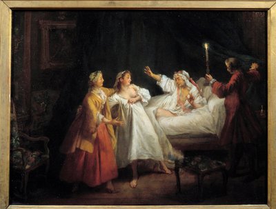 Jean de La Fontainen tarinoita: Nicolas Lancretin (1690-1743) Gasconin rankaisema maalaus kuparille, Sun. 0,28 x 0,36 m tekijältä Nicolas Lancret