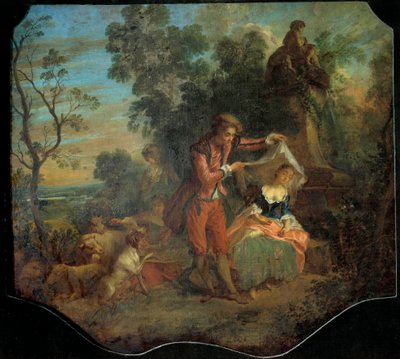 Paimen huomaamaton bukolinen kohtaus, joka kuvaa nuorta paimenta nostamassa hunnua, jonka alla nuori paimen nukkuu. Nicolas Lancretin (1690-1743) maalaus. 1700-luvun aurinko. 0,84 x 0,95 m. Retket, Kuvataidemuseo tekijältä Nicolas Lancret