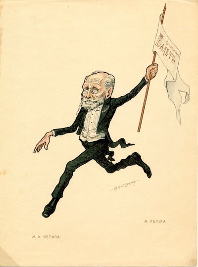 Ranskalaisen tanssijan ja koreografin Marius Petipan (1818-1910) muotokuva - Nikolai Gustavovich Legatin (1869-1937) litografia, poimittu Ballet russe en karikatyyreistä tekijältä Nicolas Legat