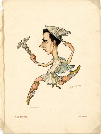 Muotokuva Mikhail (Michel) Fokinesta (1880-1942), venäläinen tanssija ja koreografi - Nikolai Gustavovich Legatin (1869-1937) litografia, poimittu Ballet russe en karikatyyreistä tekijältä Nicolas Legat