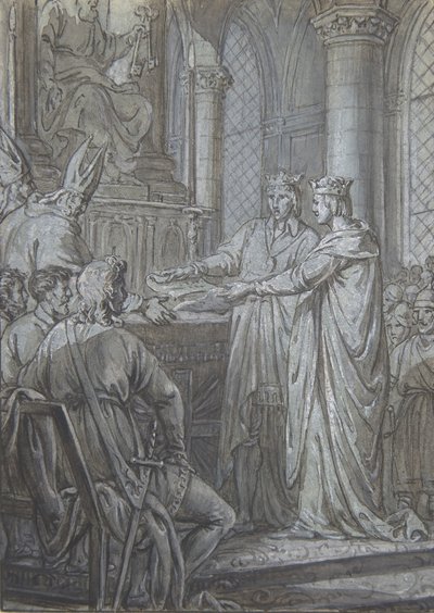 Ludvig III ja Carloman antavat kuningaskunnan piispoille vakuuden uskollisuudestaan ​​vuonna 882, n. 1791. tekijältä Nicolas Lejeune