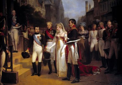 Keisari Napoleon Bonaparte (1769-1821) otti Preussin kuningatar Louisen vastaan Tilsitissä (Tilsitt) 6.7.1807. Portaissa odottaa diplomaatti Talleyrand. Nicolas Louis Gossen (1787-1878) maalaus 1837 su. 3,51x4,92 m Versailles, musee du Chateau - The tekijältä Nicolas Louis Francois Gosse