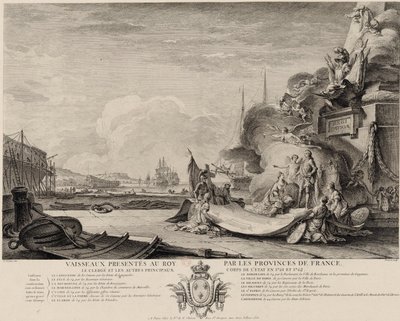 Allegorinen kaiverrus laivojen lahjasta noin 1762. tekijältä Nicolas Ozanne