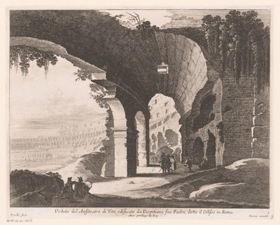 Näkymä Colosseumin sisätiloihin Veduta del Anfiteatro di Tito, edificato da Vespitiano (...) (otsikko esineessä) tekijältä Nicolas Perelle
