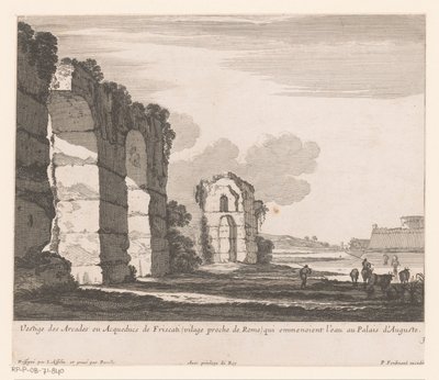 Maisema raunioita ja lehmänpaimenia Vestige des Arcades ou Aqueducs de Friscati (...) (otsikko esineessä) tekijältä Nicolas Perelle