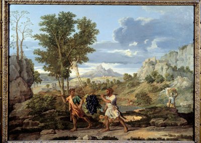 Syksy tai luvatusta maasta tuotu rypäleterttu Joosuen ja Kaalebin paluu valtavalla viinirypäleterällä Kanaanin maasta tekijältä Nicolas Poussin
