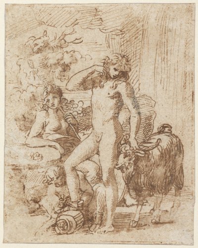 Bacchus ja Erigone (kynä ja muste pesulla paperille) tekijältä Nicolas Poussin