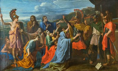 Coriolanus suostutteli perheensä säästämään Rooman Veturian Coriolanuksen jalkojen juurella, noin 1652. tekijältä Nicolas Poussin