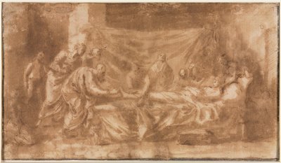 Extreme Unction recto, Three Heads and Other Sketches verso, 1643-1644. tekijältä Nicolas Poussin