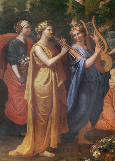 Naiseksi naamioitunut Hymenaios Priapukselle tehdyn uhrin aikana, yksityiskohta muusikoista, n. 1634-38 tekijältä Nicolas Poussin