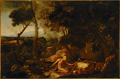 Maisema Pyhän Hieronymuksen kanssa ... (maalaus kankaalle) tekijältä Nicolas Poussin