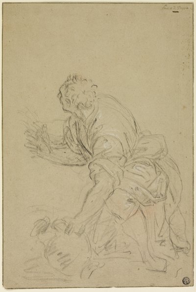 Mies polvistuu kannun kanssa (etusivu); seisova mies (kääntöpuoli). tekijältä Nicolas Poussin