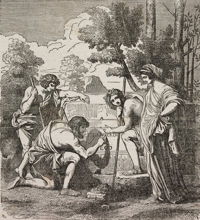Shepherds of Arcadia, Nicolas Poussinin maalauksen jälkeen, kuvitus Universal Theatresta, Encyclopedic and scenografinen kokoelma, nro 512, 4. toukokuuta tekijältä Nicolas Poussin