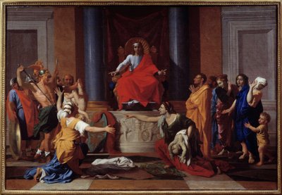 Salomonin tuomio Kaksi naista teeskentelee olevansa saman lapsen äiti. Nicolas Poussinin maalaus tekijältä Nicolas Poussin