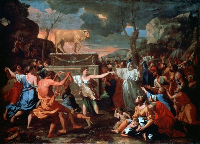 Kultaisen vasikan palvonta, n. 1635 tekijältä Nicolas Poussin