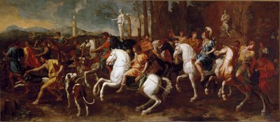 Meleagerin metsästys. Kreikkalaisen mytologian sankarit, joka on kuuluisa Calydonin villisian metsästyksen aikana. Nicolas Poussinin maalaus tekijältä Nicolas Poussin